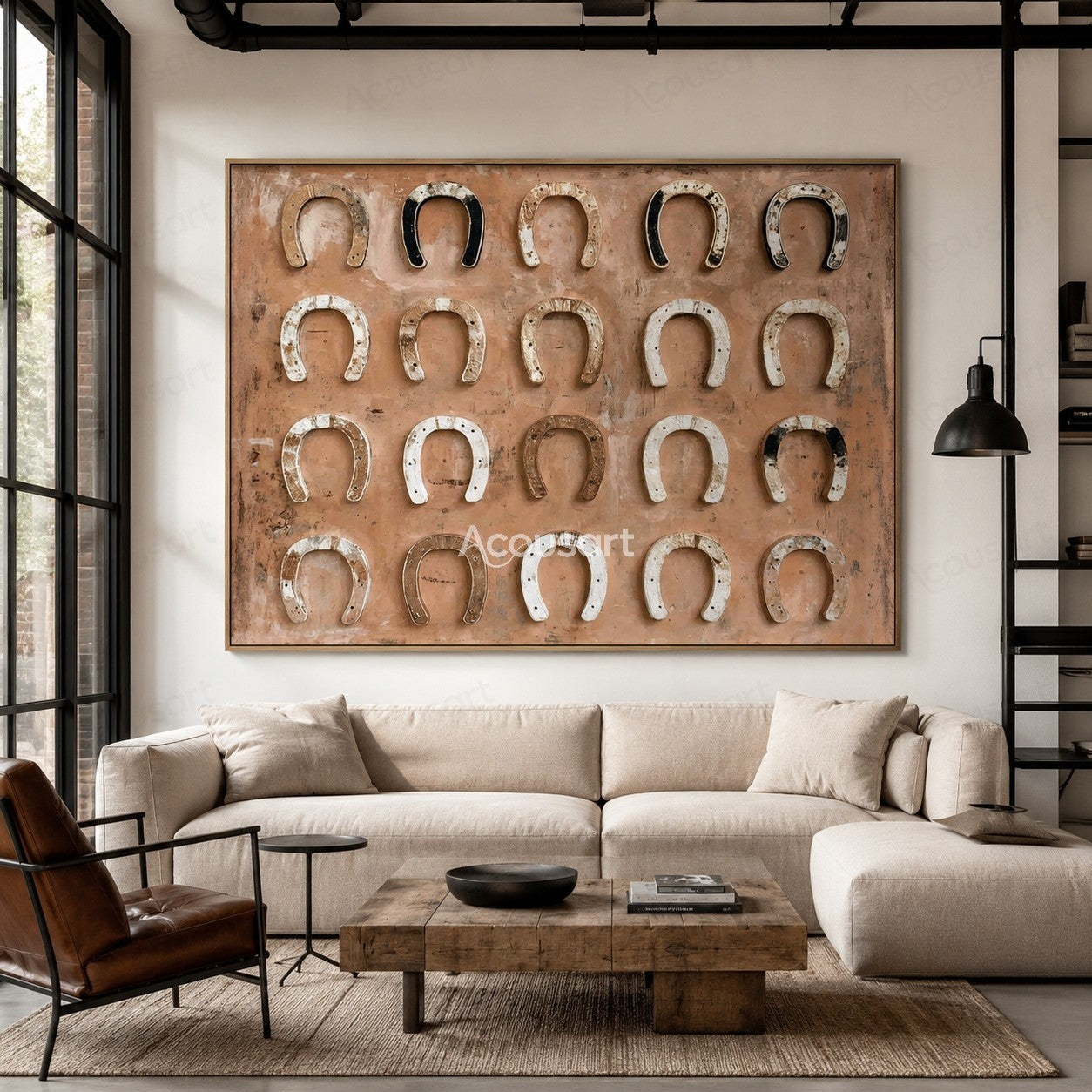 Western horseshoe wall art with vintage horseshoes on a soft peach background