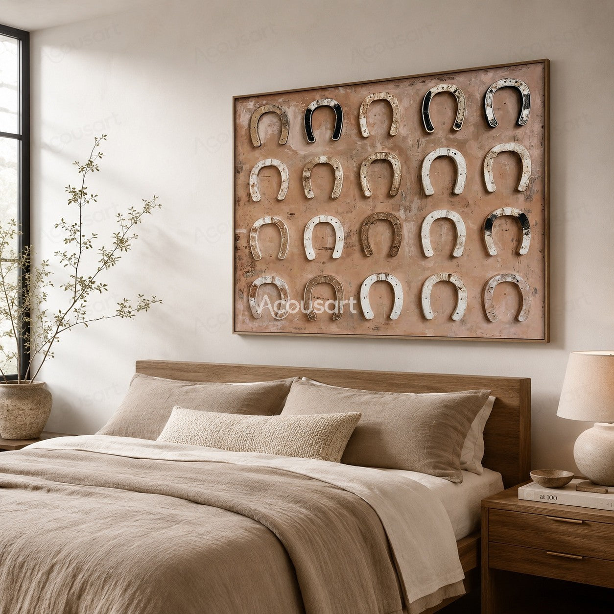 Western horseshoe wall art with vintage horseshoes on a soft peach background