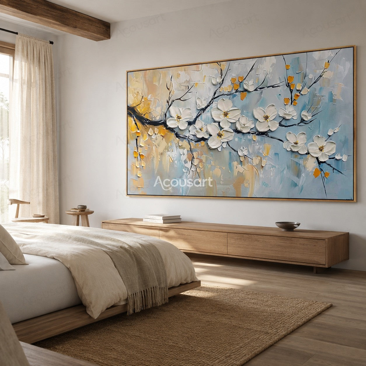 Textured white blossom wall art with dark branches, gold accents, and soft blue background