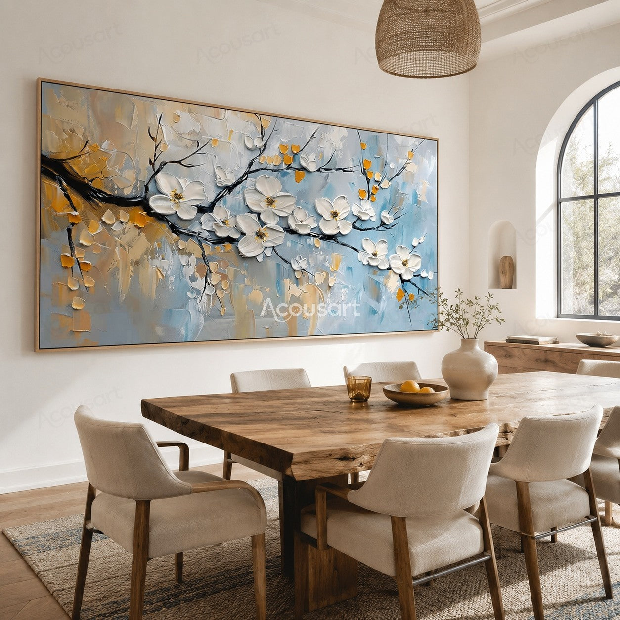 Textured white blossom wall art with dark branches, gold accents, and soft blue background