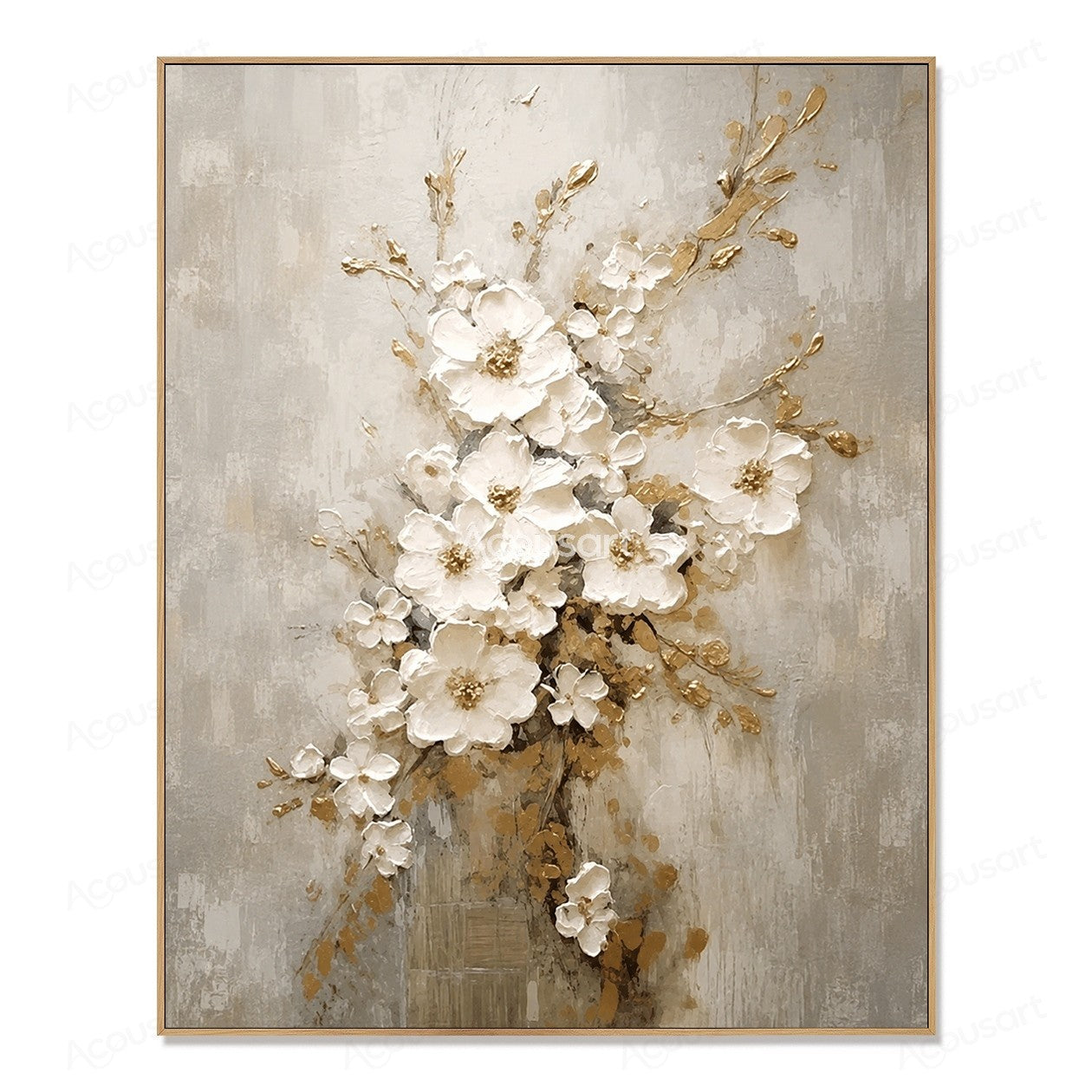 White textured floral wall art with golden branches and blossoms on a neutral beige background