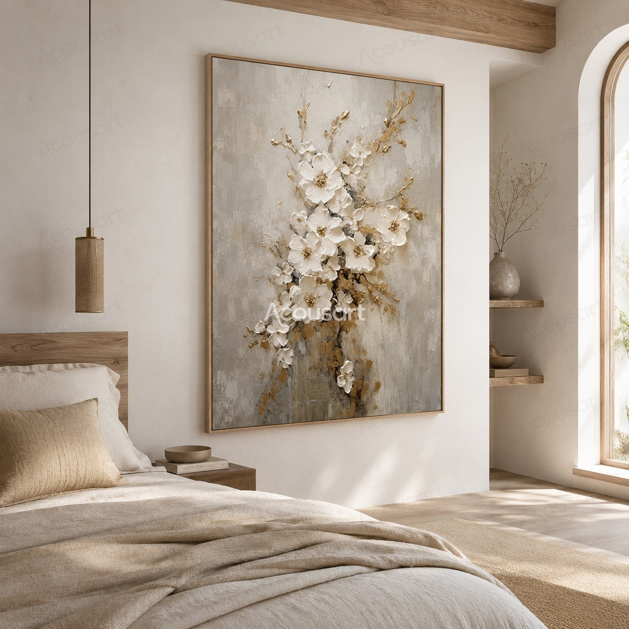 White textured floral wall art with golden branches and blossoms on a neutral beige background