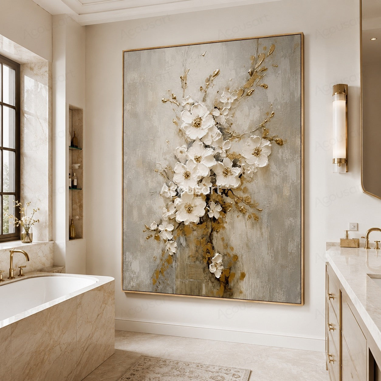 White textured floral wall art with golden branches and blossoms on a neutral beige background