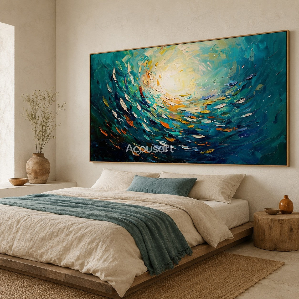 Abstract ocean wave painting with blue teal waves, golden sunlight, and textured brushstrokes