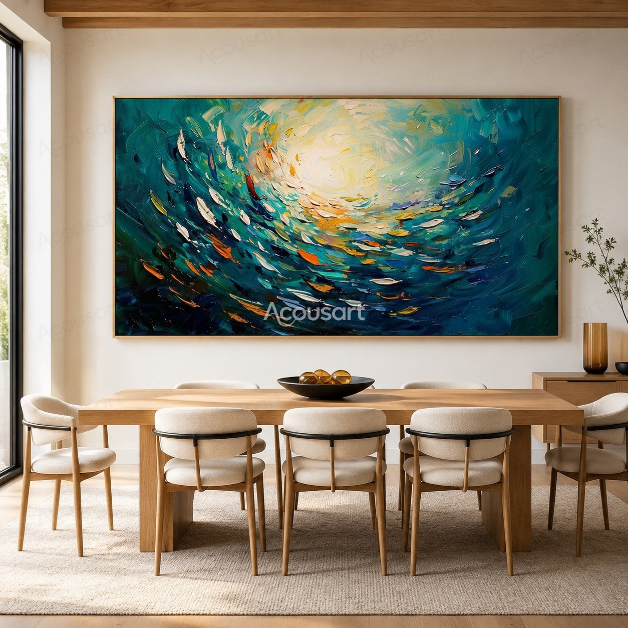 Abstract ocean wave painting with blue teal waves, golden sunlight, and textured brushstrokes