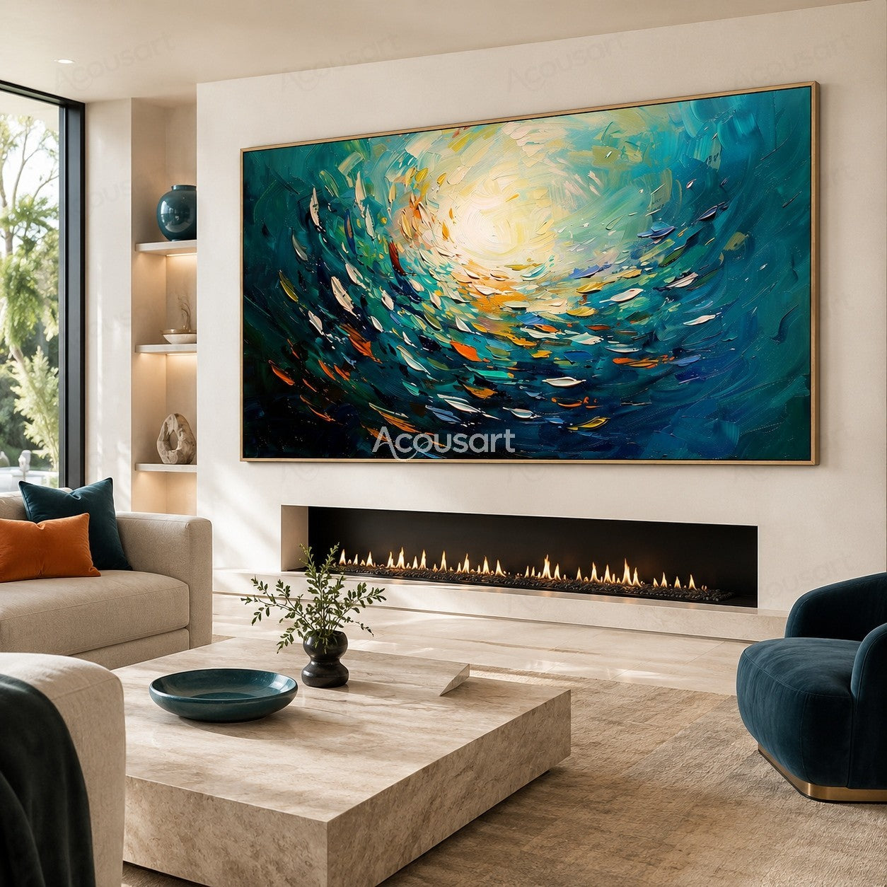 Abstract ocean wave painting with blue teal waves, golden sunlight, and textured brushstrokes