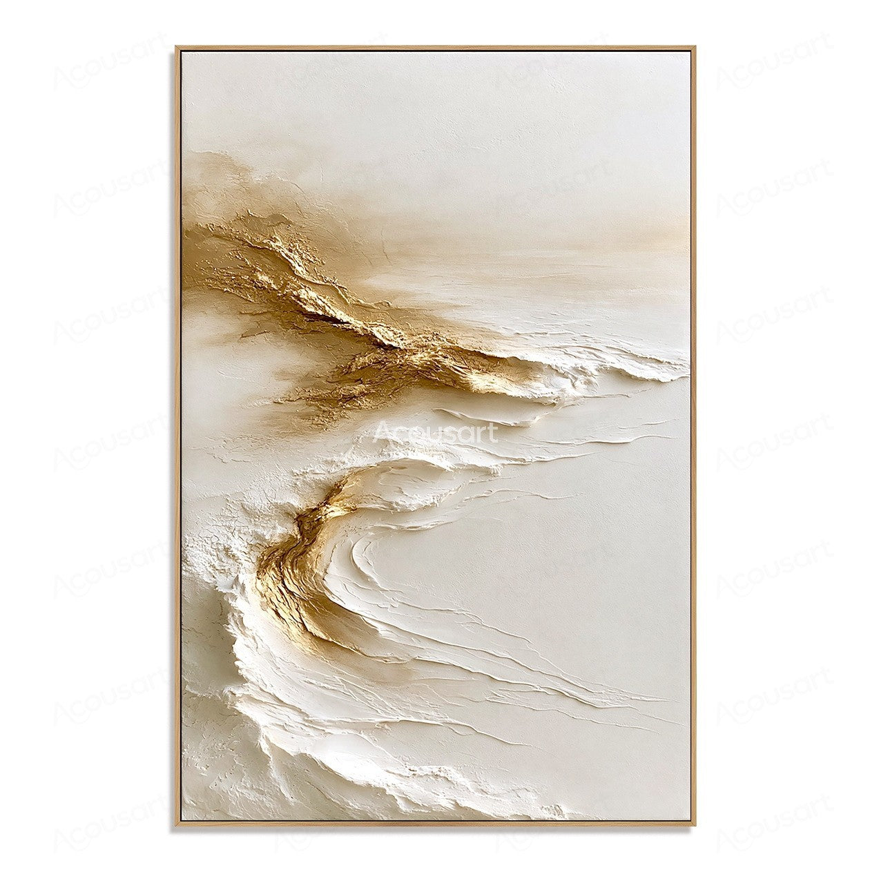 Neutral textured abstract wall art with white layered waves and golden organic lines