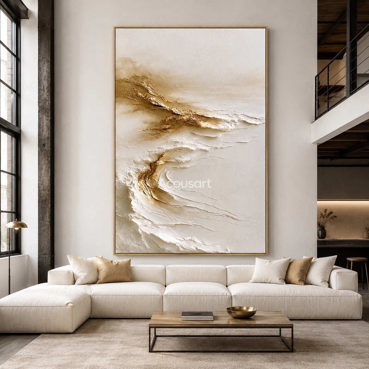 Neutral textured abstract wall art with white layered waves and golden organic lines