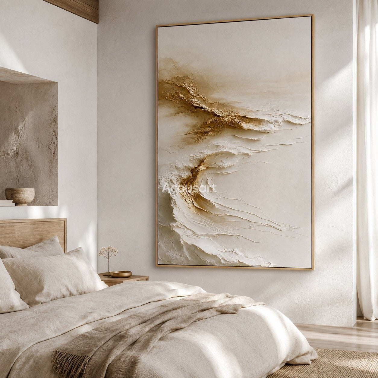 Neutral textured abstract wall art with white layered waves and golden organic lines
