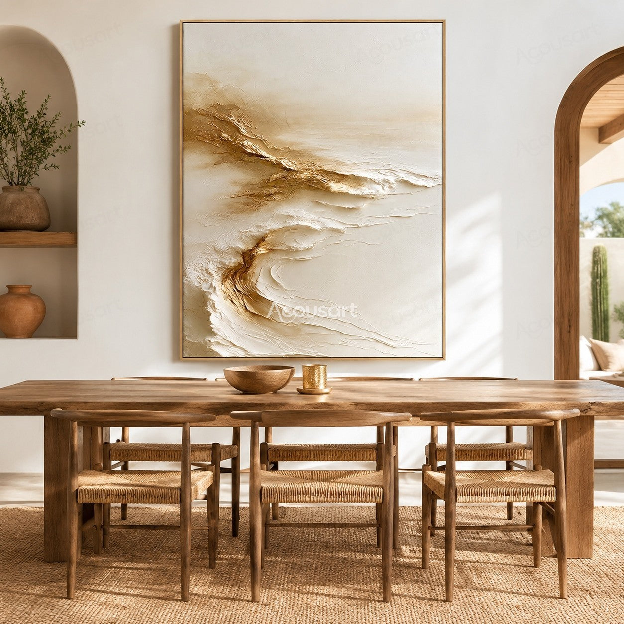 Neutral textured abstract wall art with white layered waves and golden organic lines