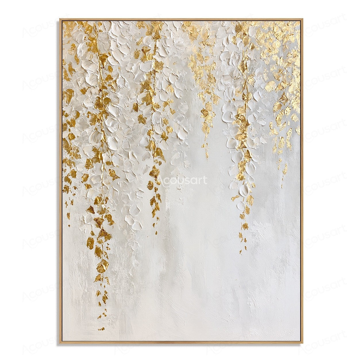 White and gold textured floral wall art with raised white petals and golden accents on a neutral background