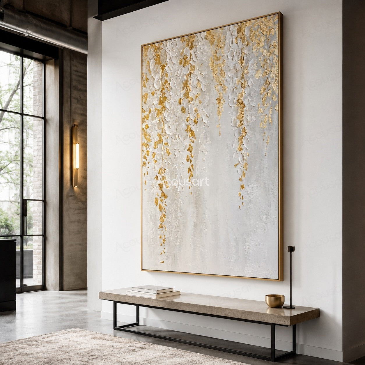 White and gold textured floral wall art with raised white petals and golden accents on a neutral background
