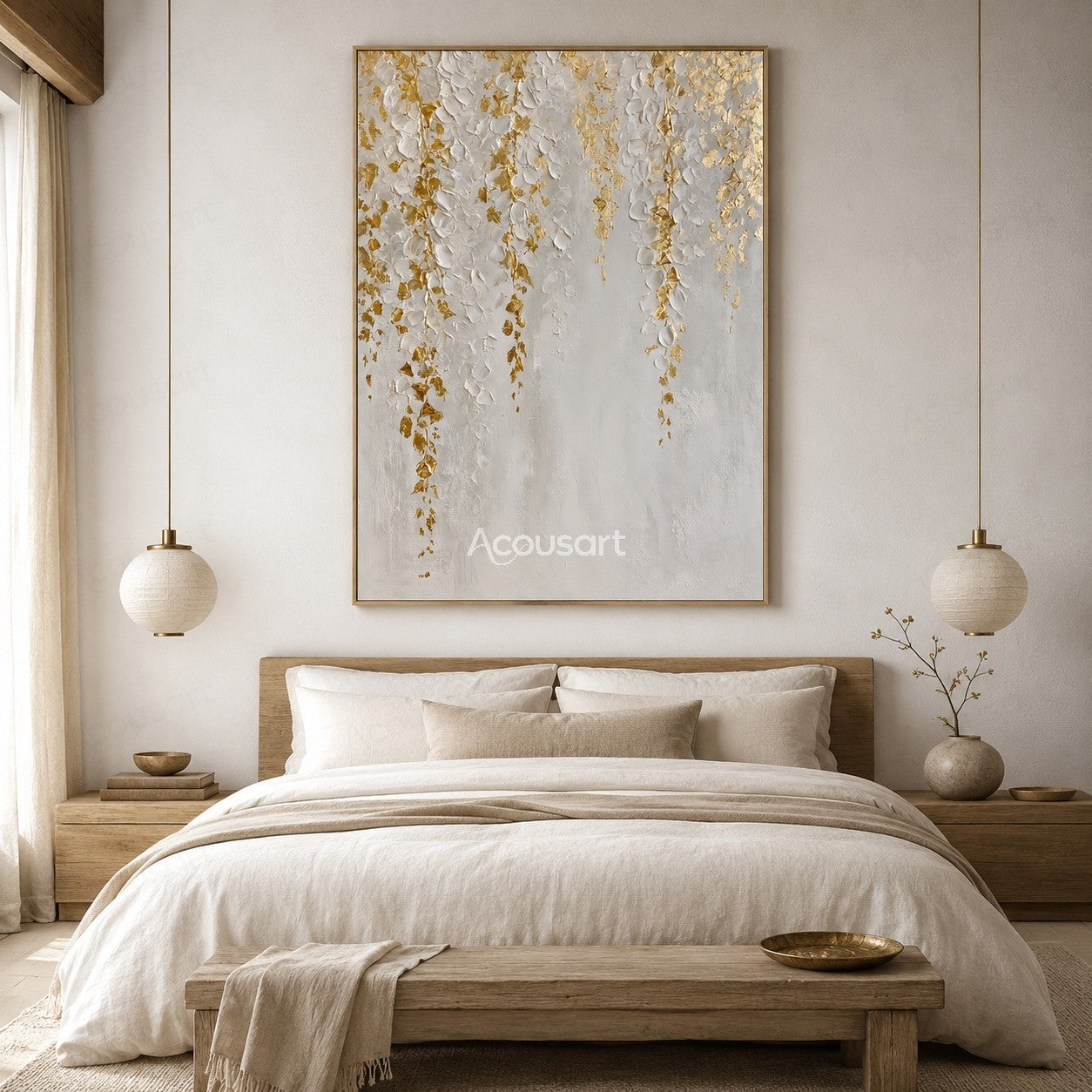 White and gold textured floral wall art with raised white petals and golden accents on a neutral background