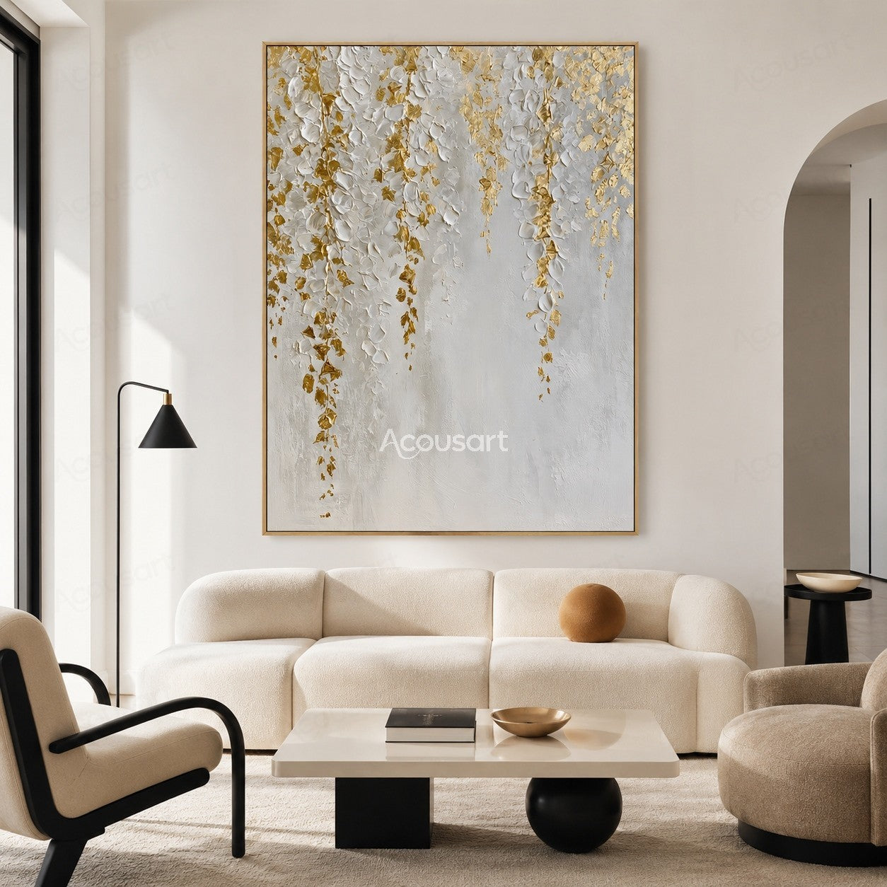 White and gold textured floral wall art with raised white petals and golden accents on a neutral background