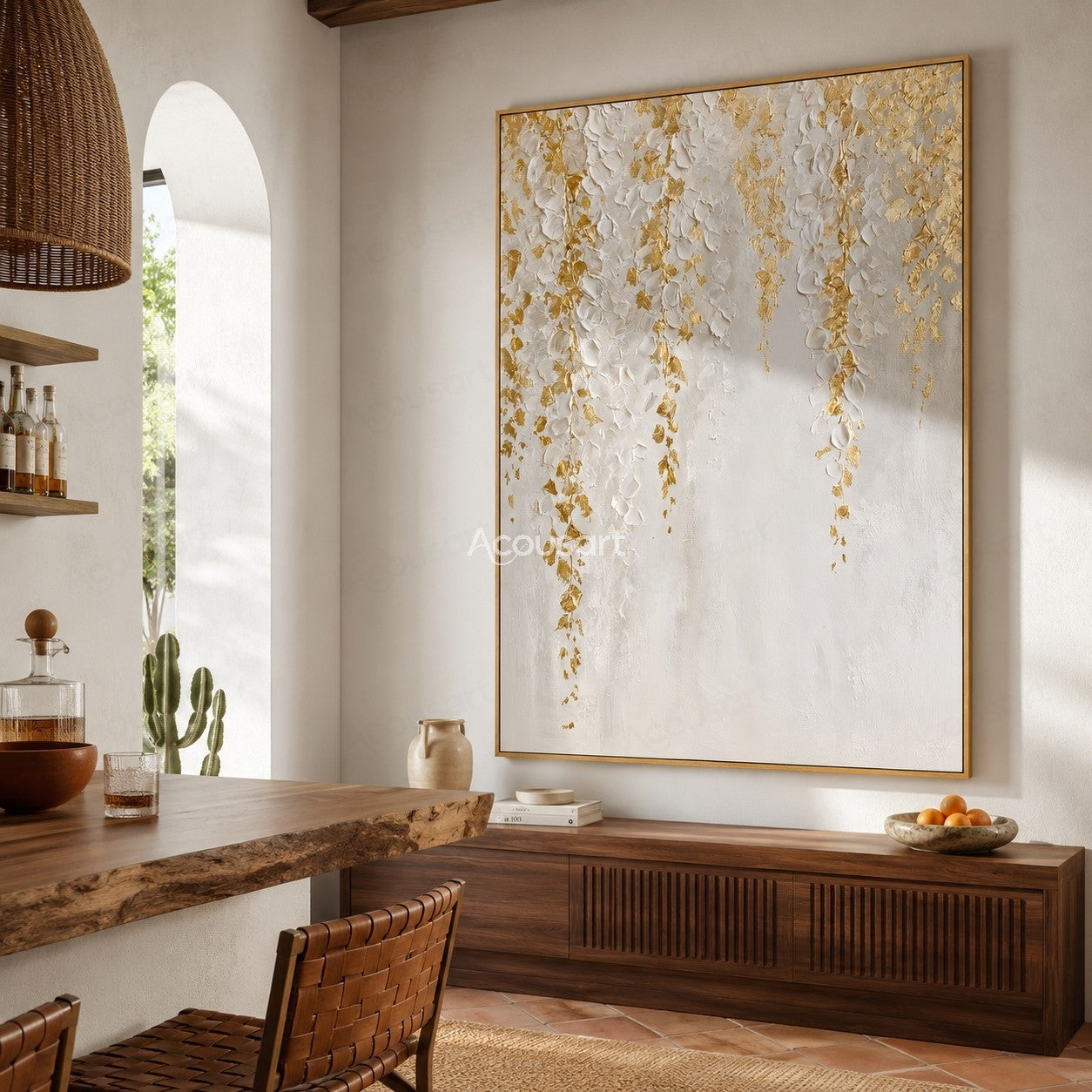 White and gold textured floral wall art with raised white petals and golden accents on a neutral background