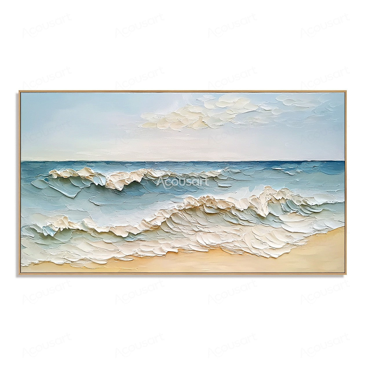 Textured ocean wave wall art with blue sea, white foam waves, sandy beach, and soft sky