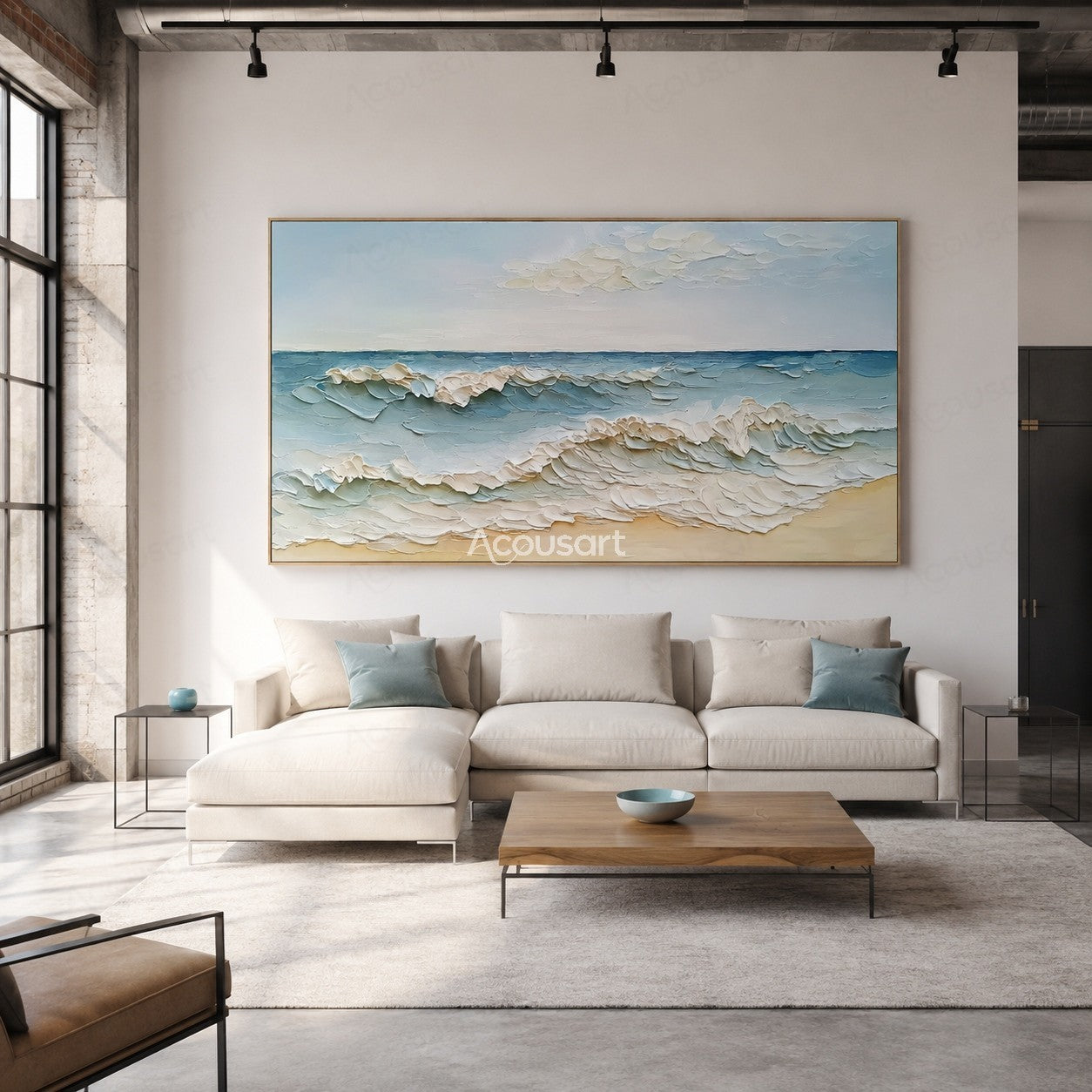 Textured ocean wave wall art with blue sea, white foam waves, sandy beach, and soft sky