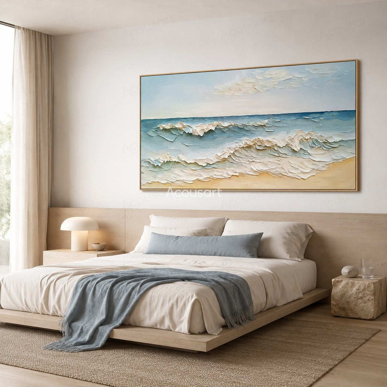 Textured ocean wave wall art with blue sea, white foam waves, sandy beach, and soft sky