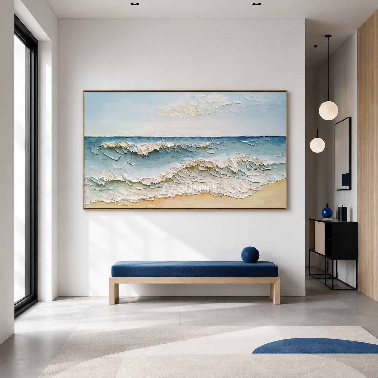 Textured ocean wave wall art with blue sea, white foam waves, sandy beach, and soft sky