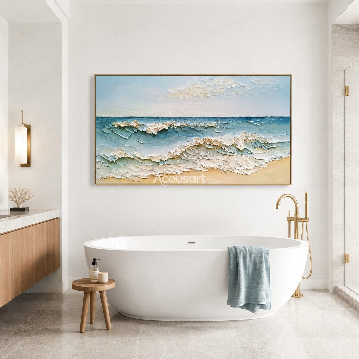Textured ocean wave wall art with blue sea, white foam waves, sandy beach, and soft sky