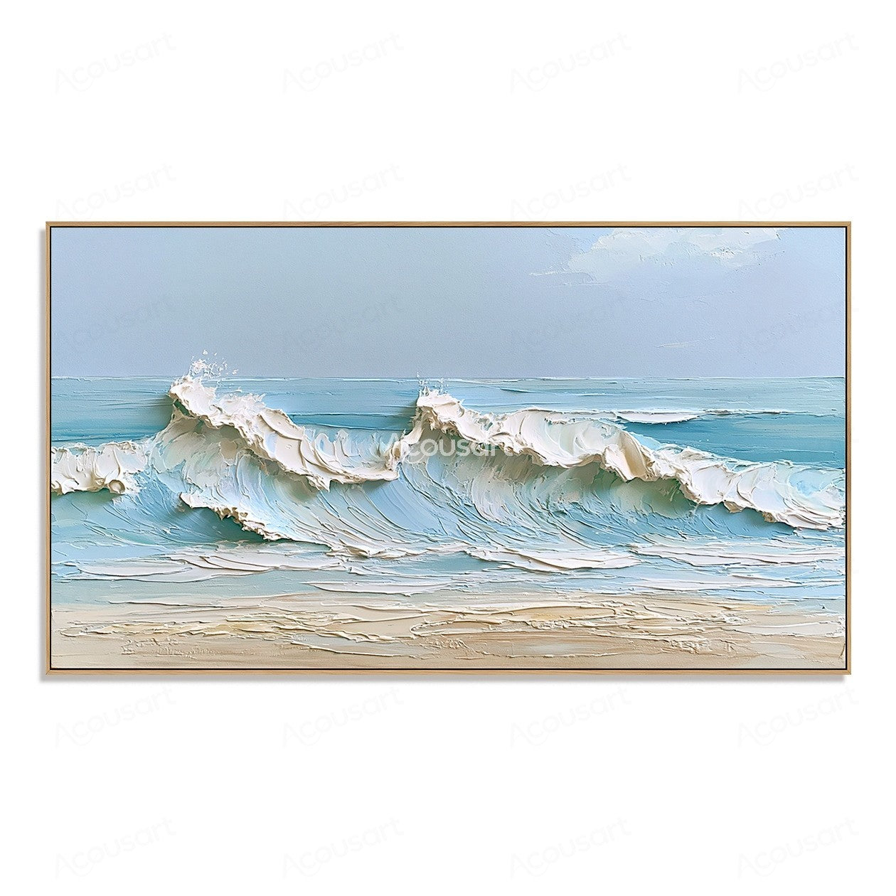 Textured ocean wave wall art with blue waves, white foam, sandy beach, and soft sky
