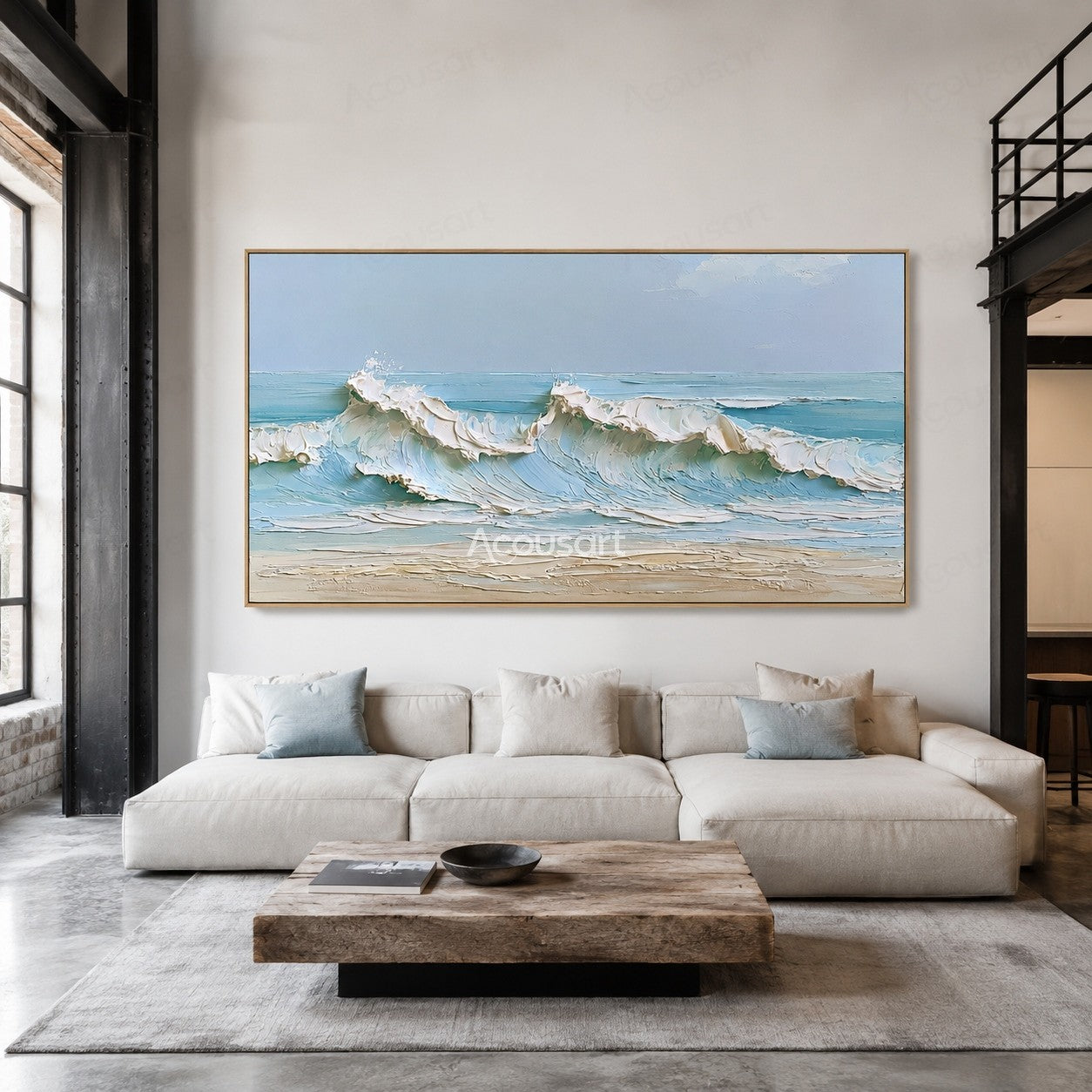 Textured ocean wave wall art with blue waves, white foam, sandy beach, and soft sky