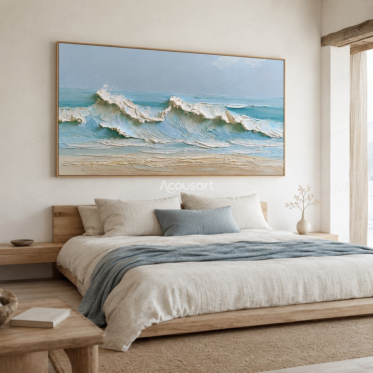 Textured ocean wave wall art with blue waves, white foam, sandy beach, and soft sky