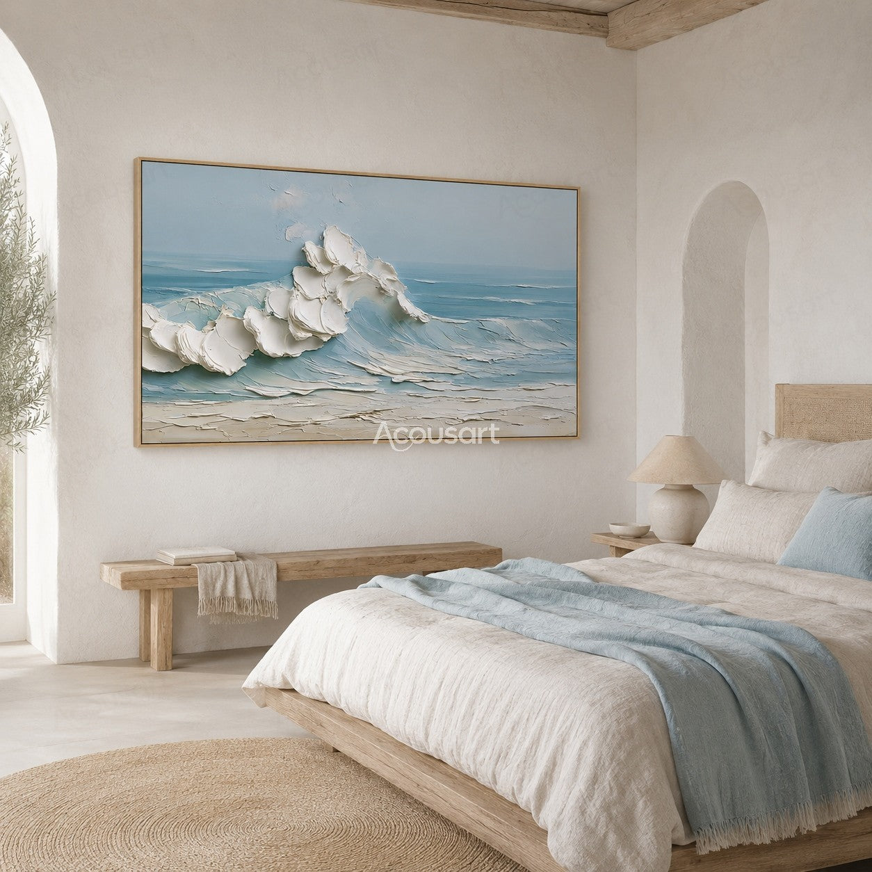 Textured ocean wave wall art with soft blue water, white foam, and sandy beach