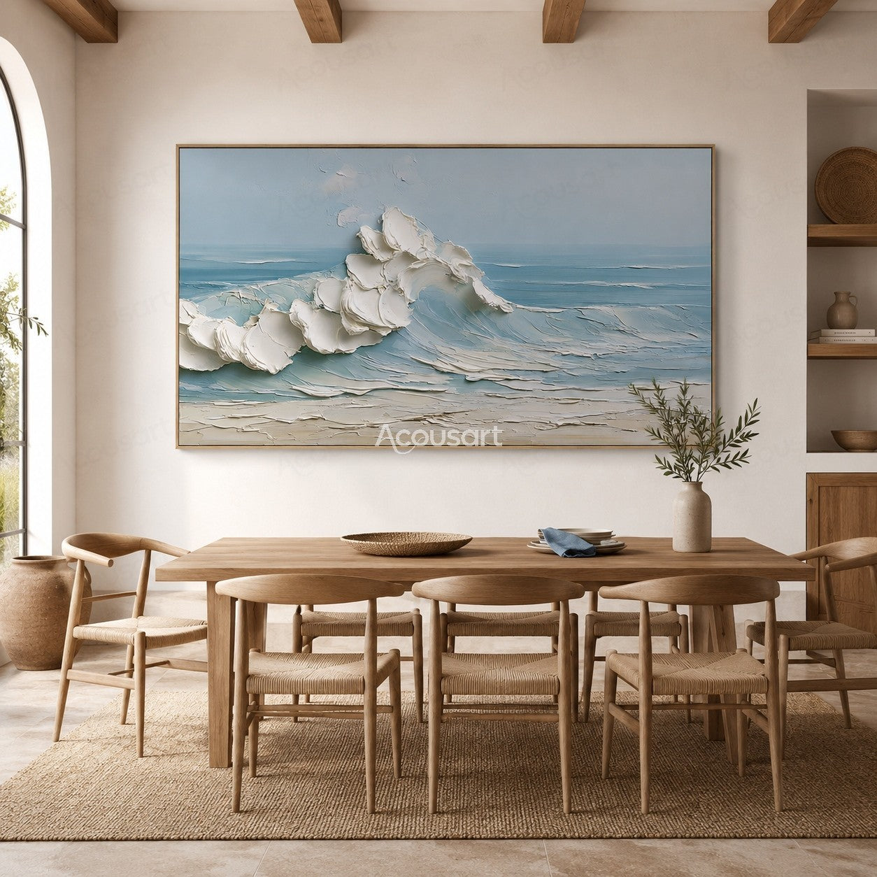 Textured ocean wave wall art with soft blue water, white foam, and sandy beach