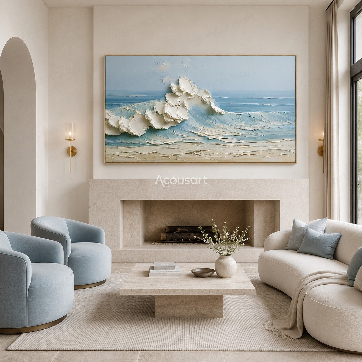 Textured ocean wave wall art with soft blue water, white foam, and sandy beach