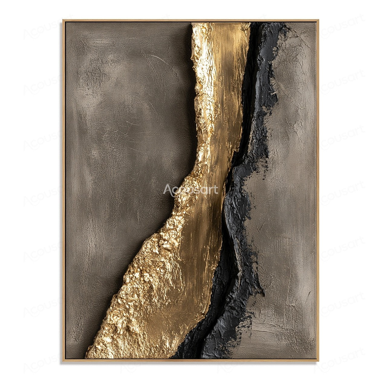 Gold and black textured abstract wall art on a gray background with raised metallic details