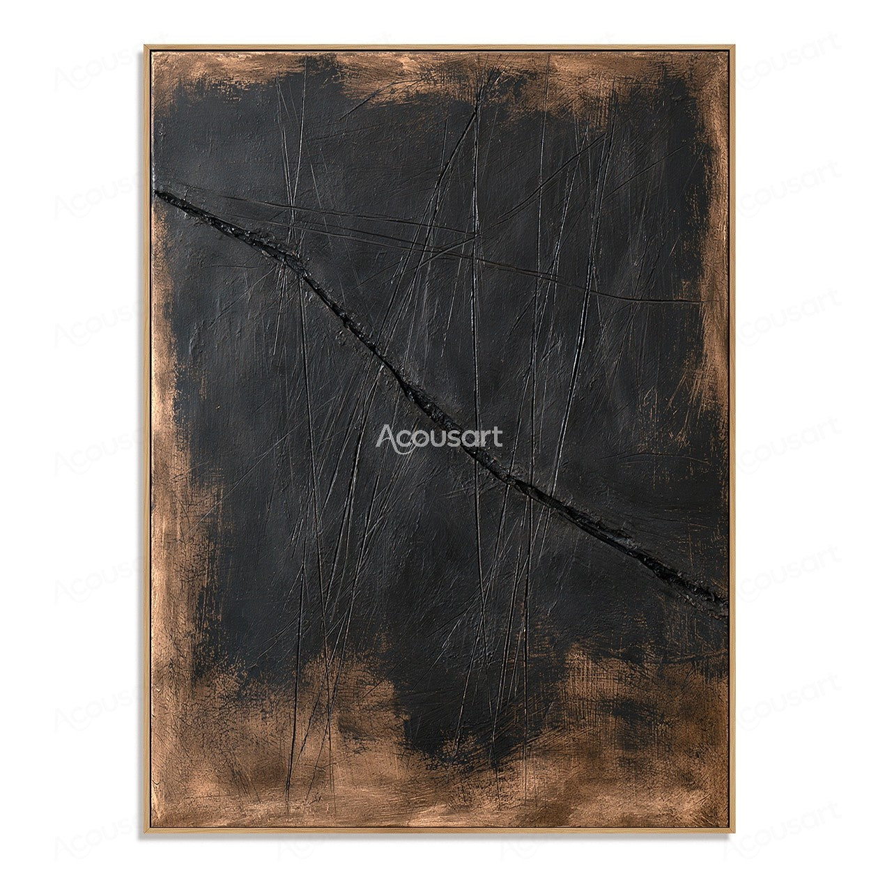 Dark textured abstract wall art with black, charcoal, and bronze tones featuring a bold diagonal line