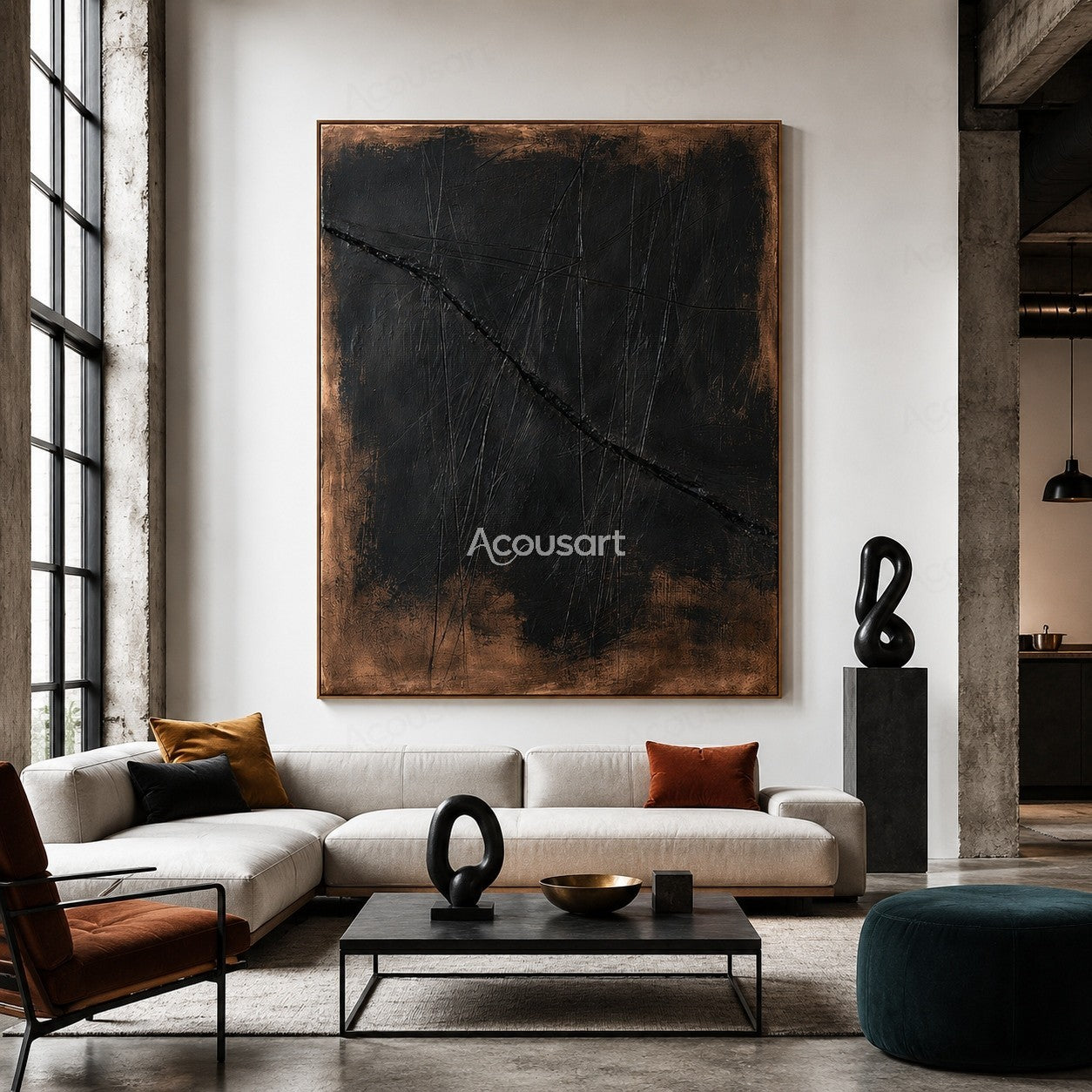 Dark textured abstract wall art with black, charcoal, and bronze tones featuring a bold diagonal line