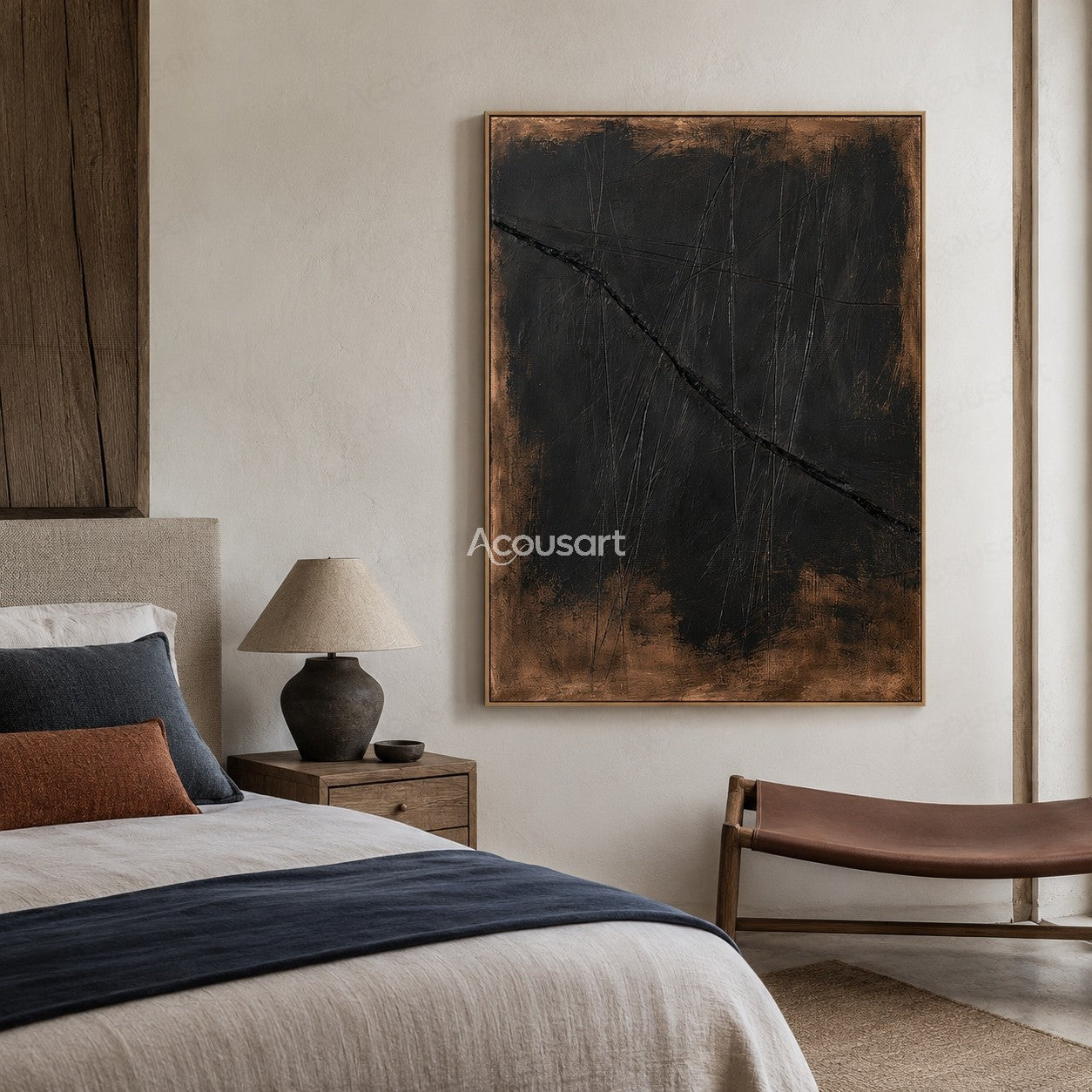 Dark textured abstract wall art with black, charcoal, and bronze tones featuring a bold diagonal line