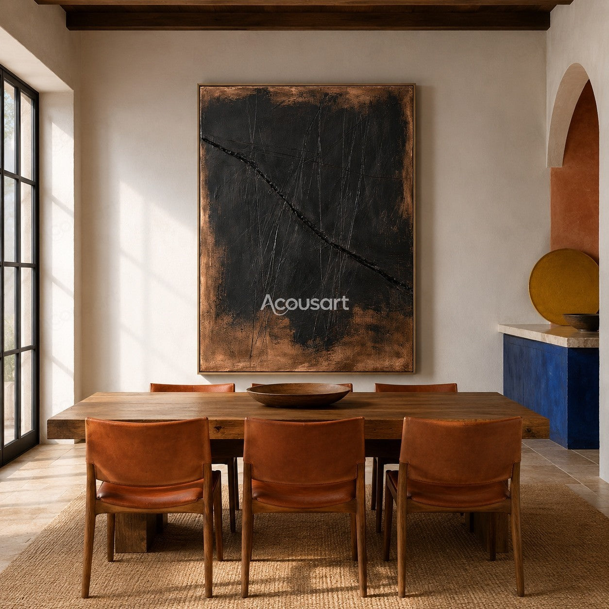 Dark textured abstract wall art with black, charcoal, and bronze tones featuring a bold diagonal line