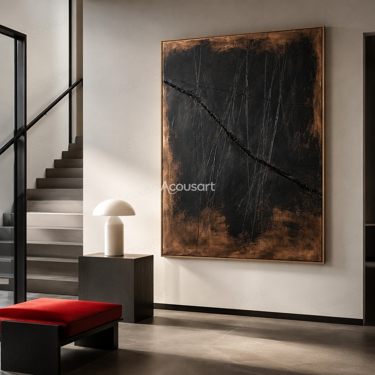 Dark textured abstract wall art with black, charcoal, and bronze tones featuring a bold diagonal line