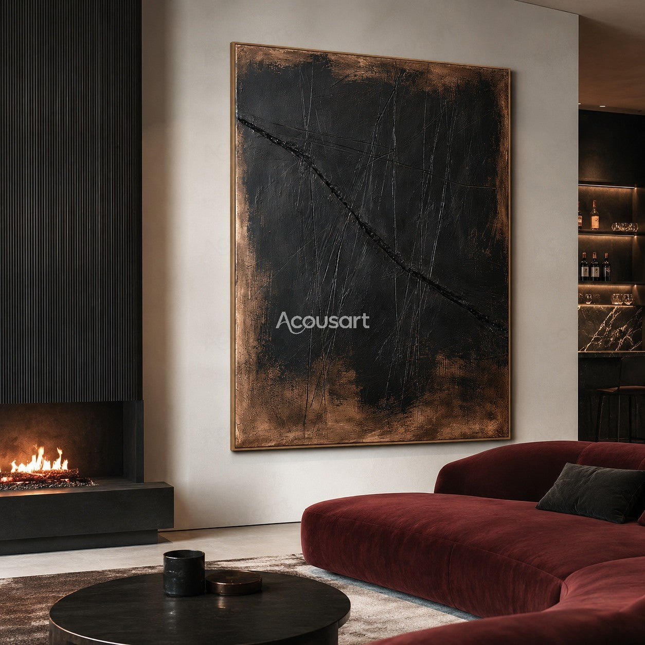 Dark textured abstract wall art with black, charcoal, and bronze tones featuring a bold diagonal line