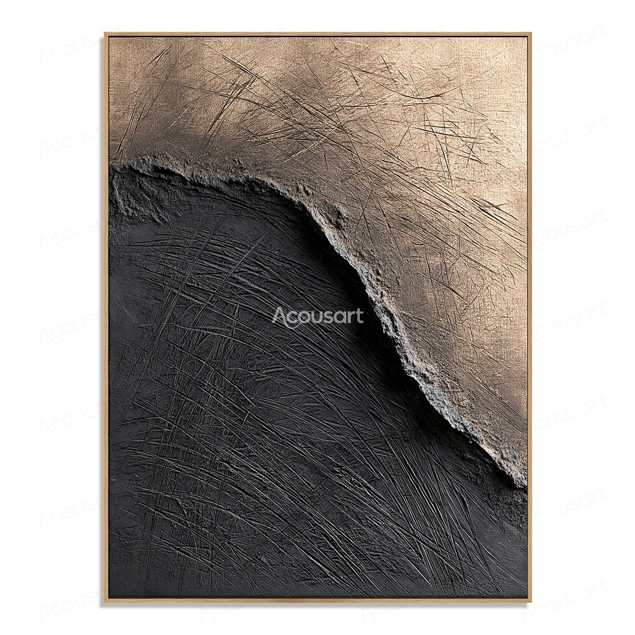 Black beige textured abstract wall art with a curved divide and layered scratched surface