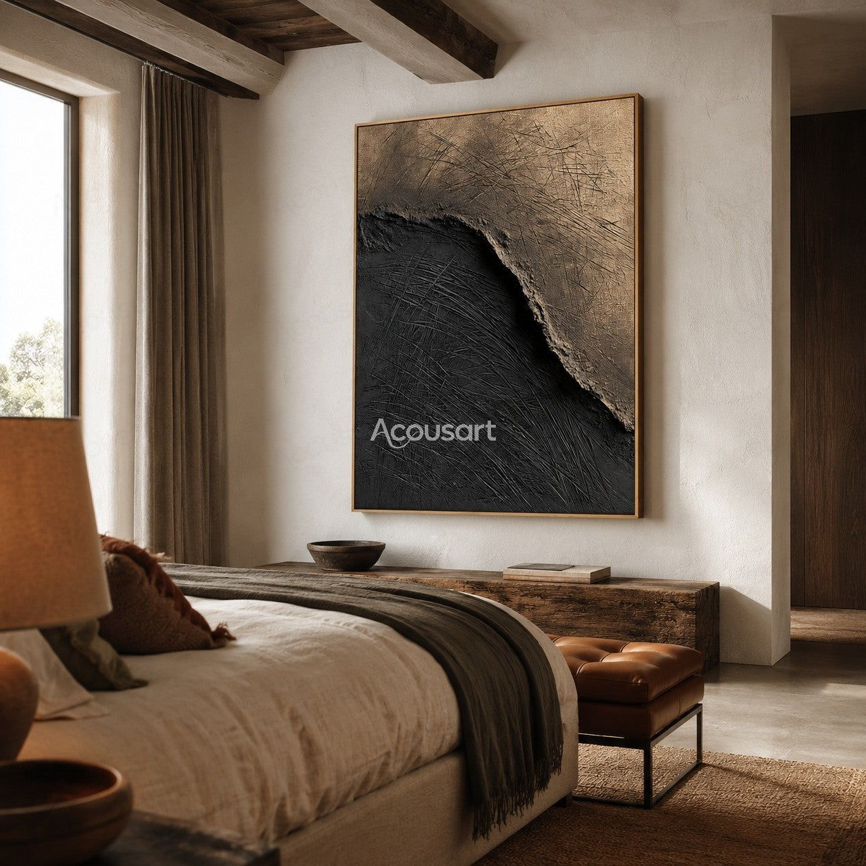 Black beige textured abstract wall art with a curved divide and layered scratched surface