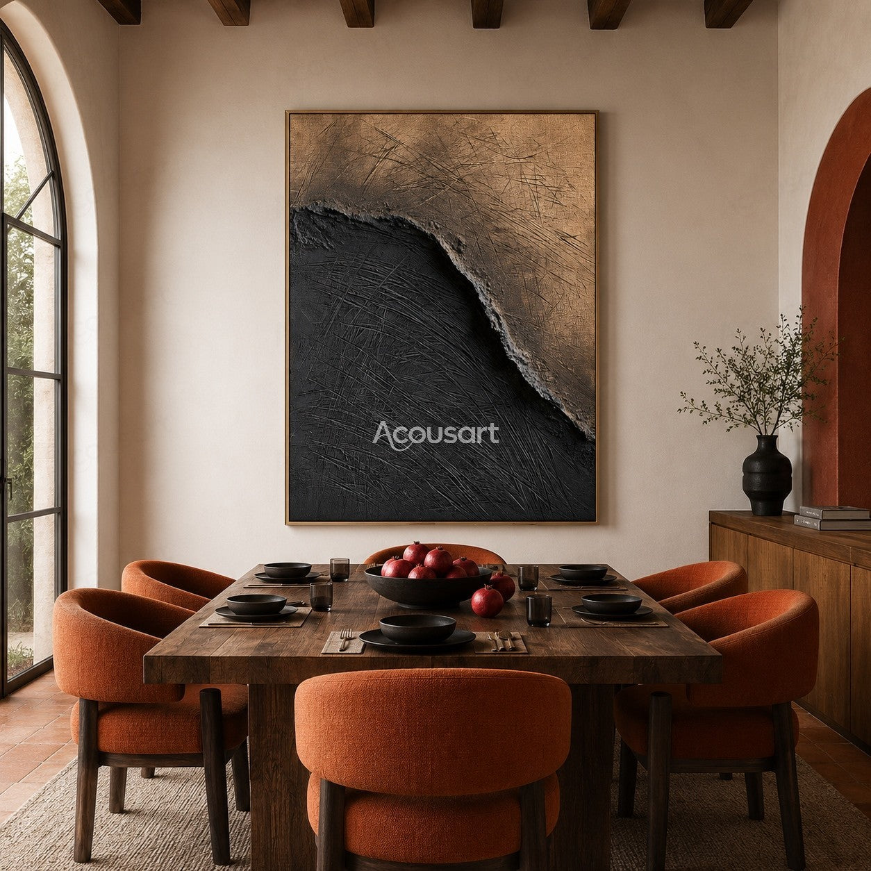 Black beige textured abstract wall art with a curved divide and layered scratched surface