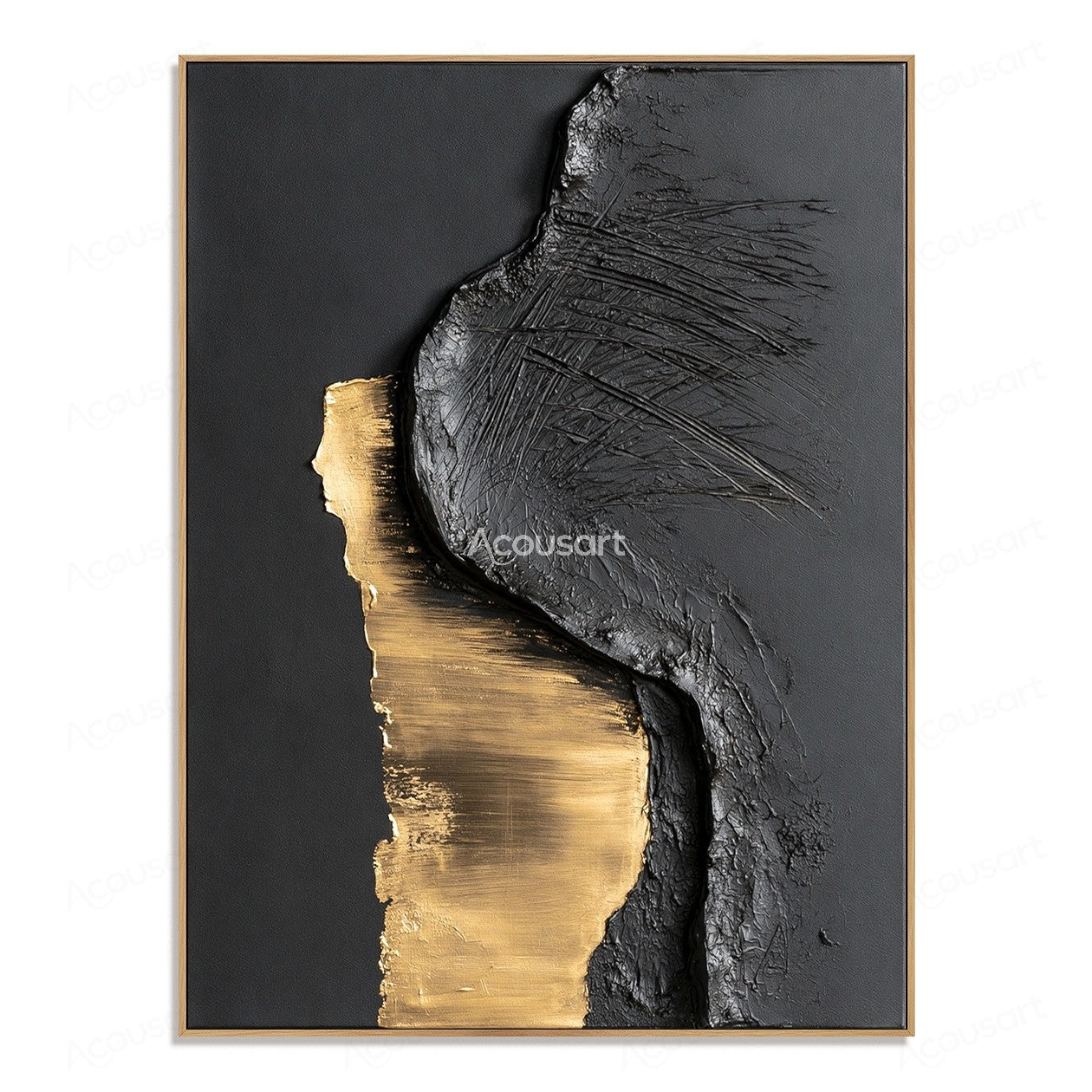 Black and gold textured abstract wall art with raised metallic gold shape and scratched black surface