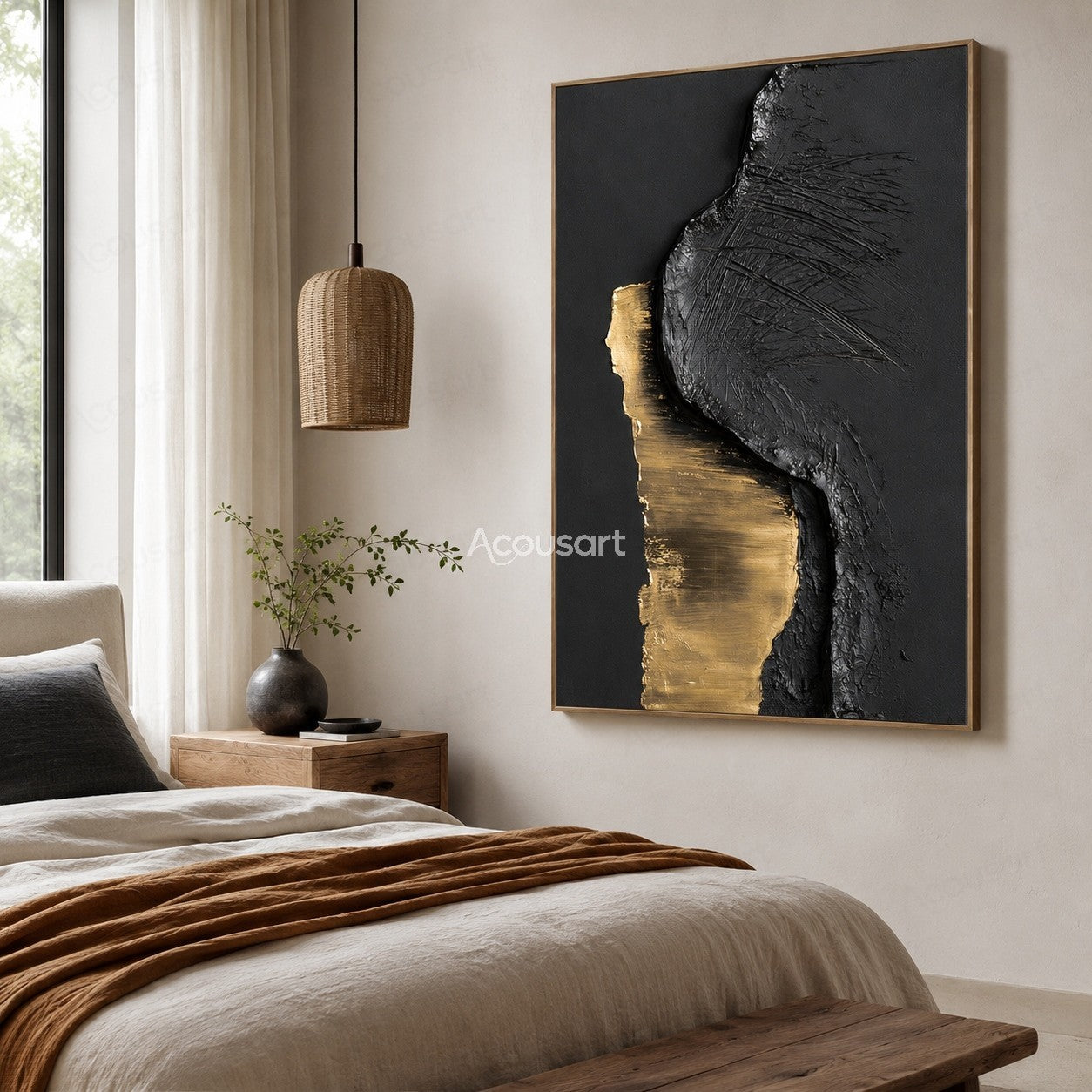 Black and gold textured abstract wall art with raised metallic gold shape and scratched black surface