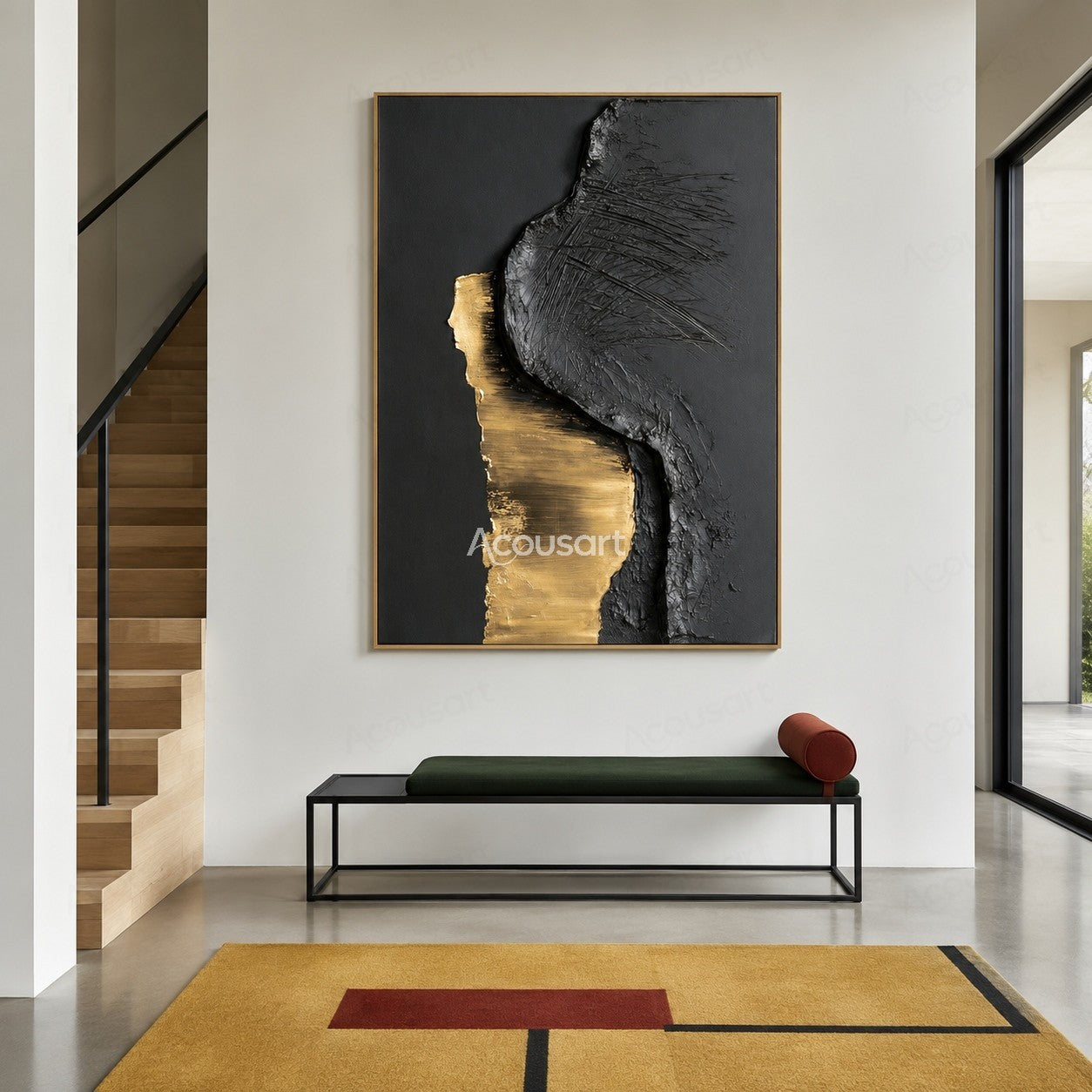 Black and gold textured abstract wall art with raised metallic gold shape and scratched black surface
