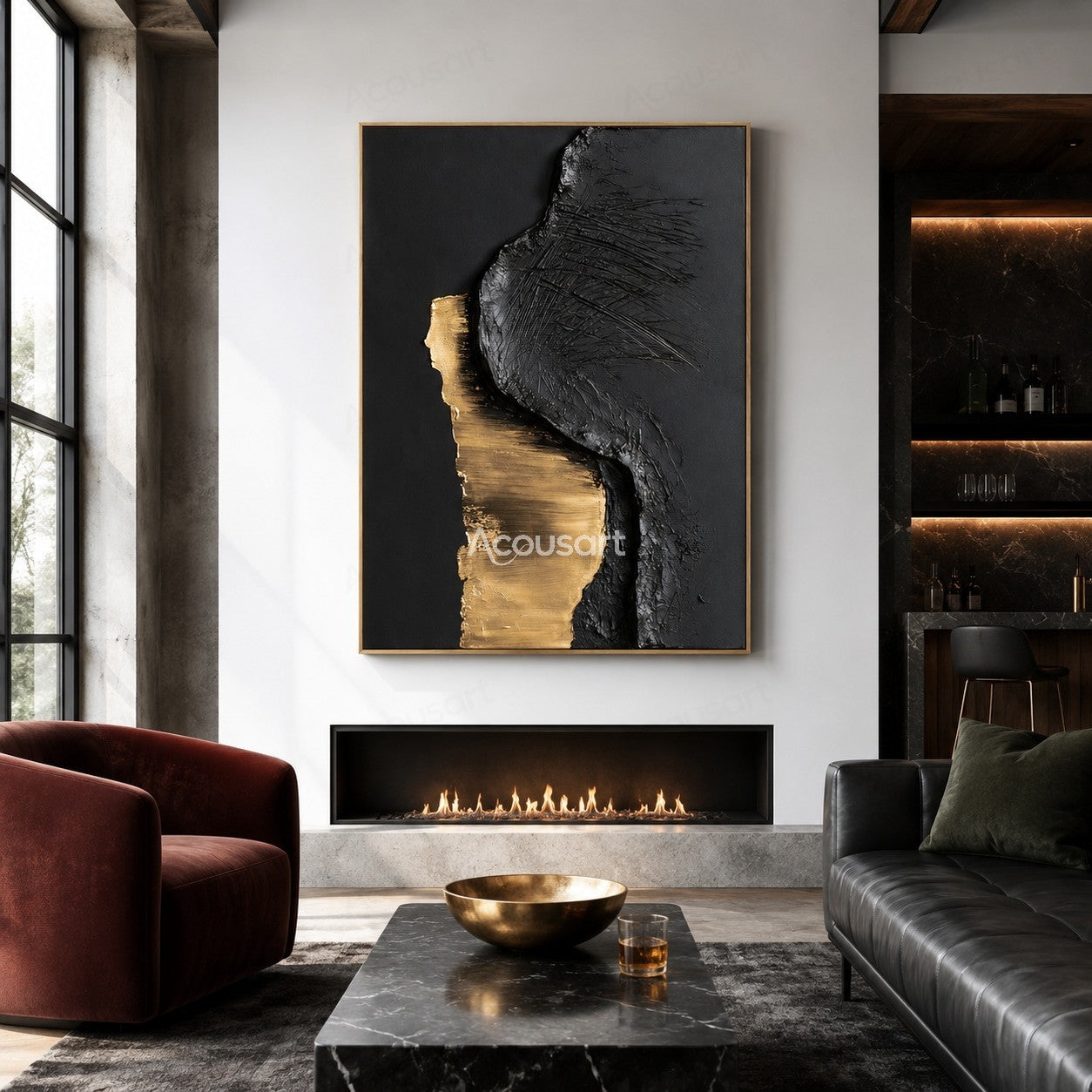 Black and gold textured abstract wall art with raised metallic gold shape and scratched black surface