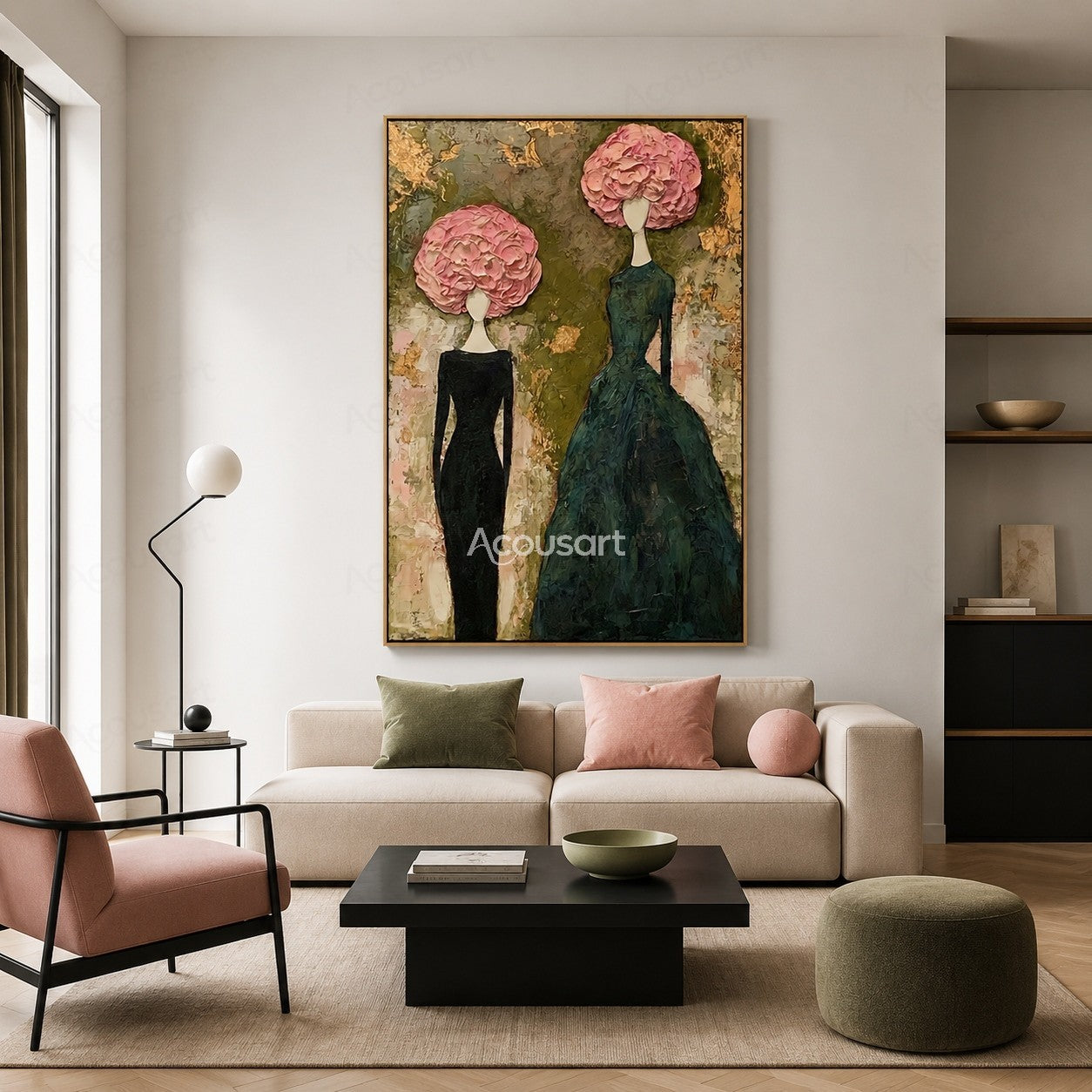 Fashion portrait wall art featuring two elegant women with pink floral hairstyles and textured dresses