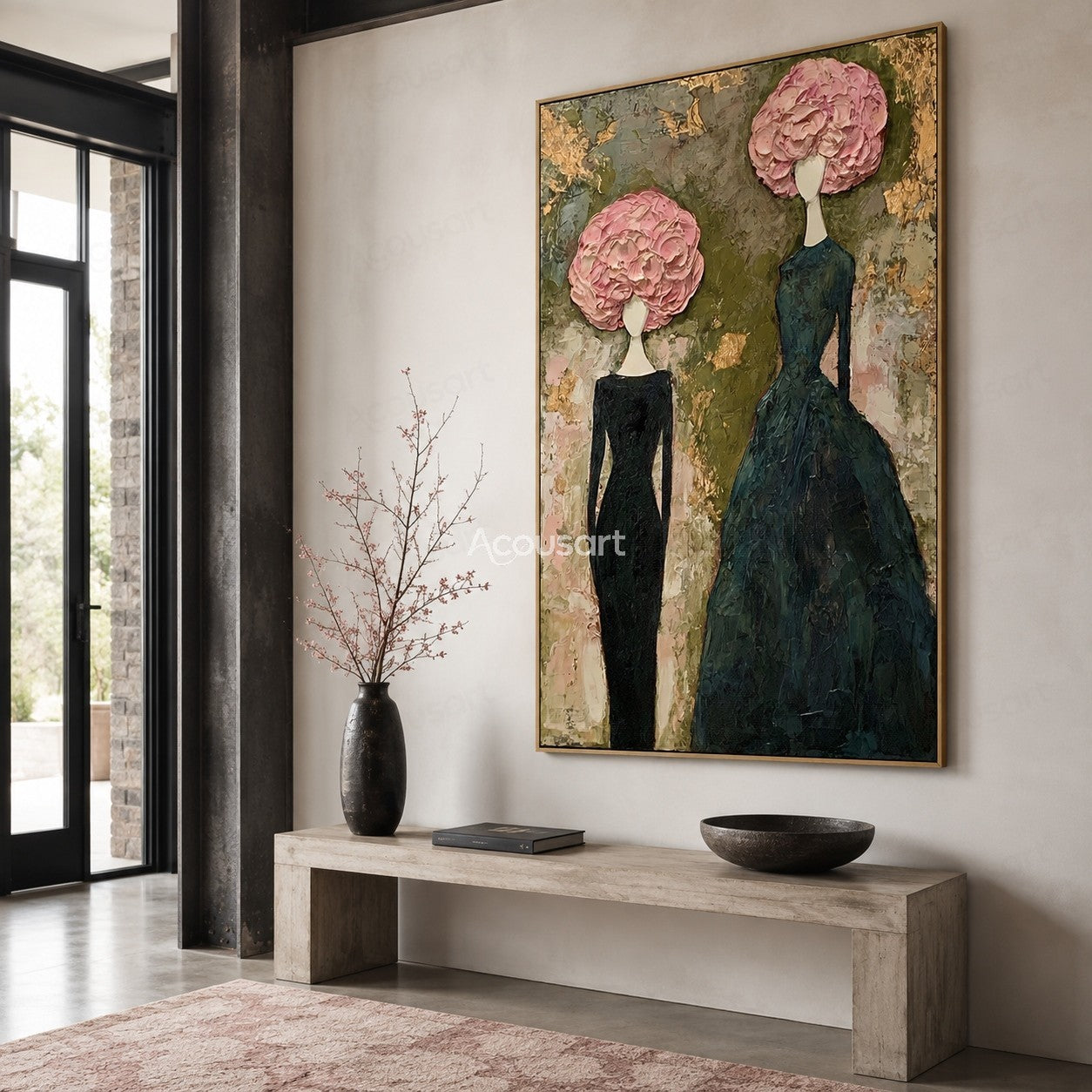 Fashion portrait wall art featuring two elegant women with pink floral hairstyles and textured dresses