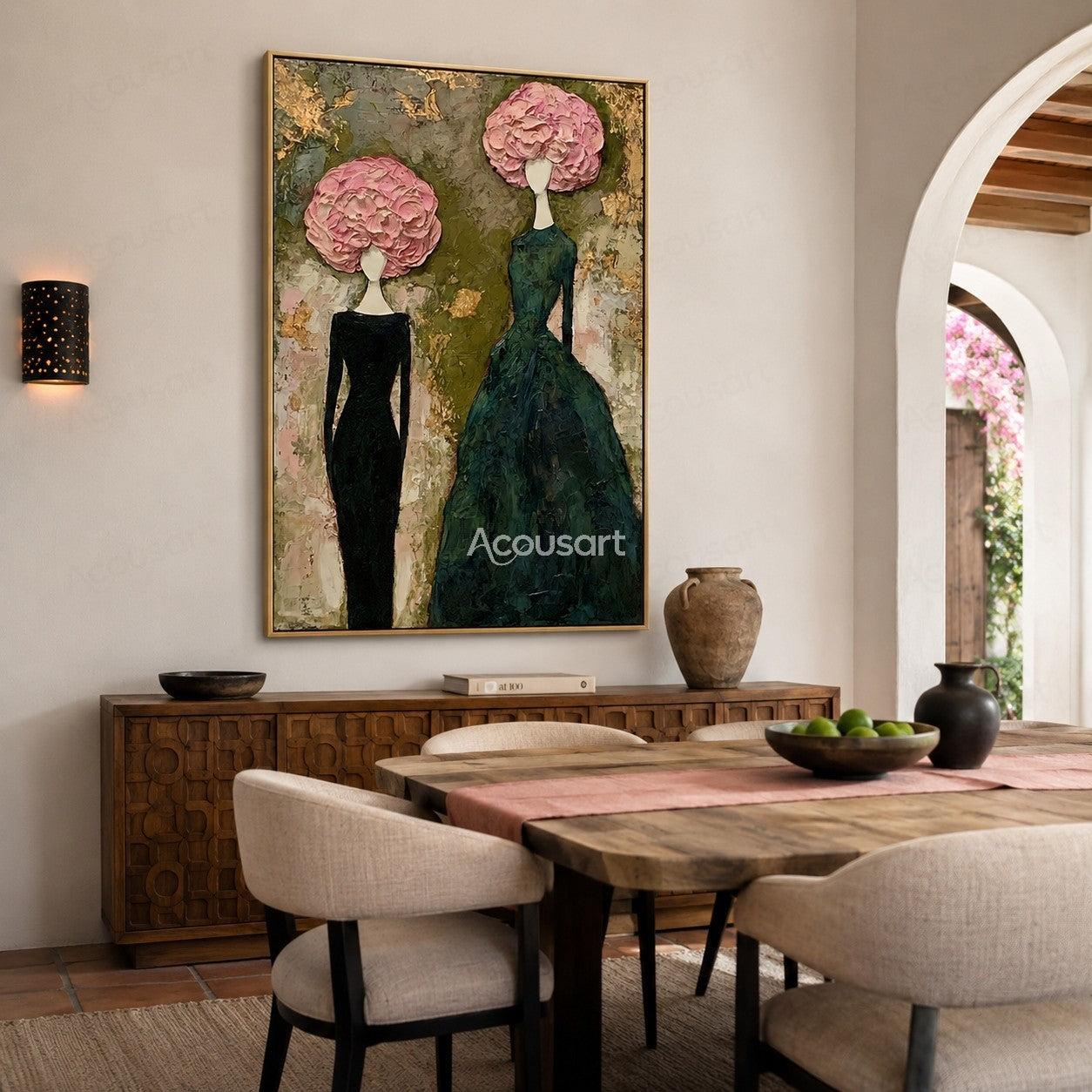 Fashion portrait wall art featuring two elegant women with pink floral hairstyles and textured dresses