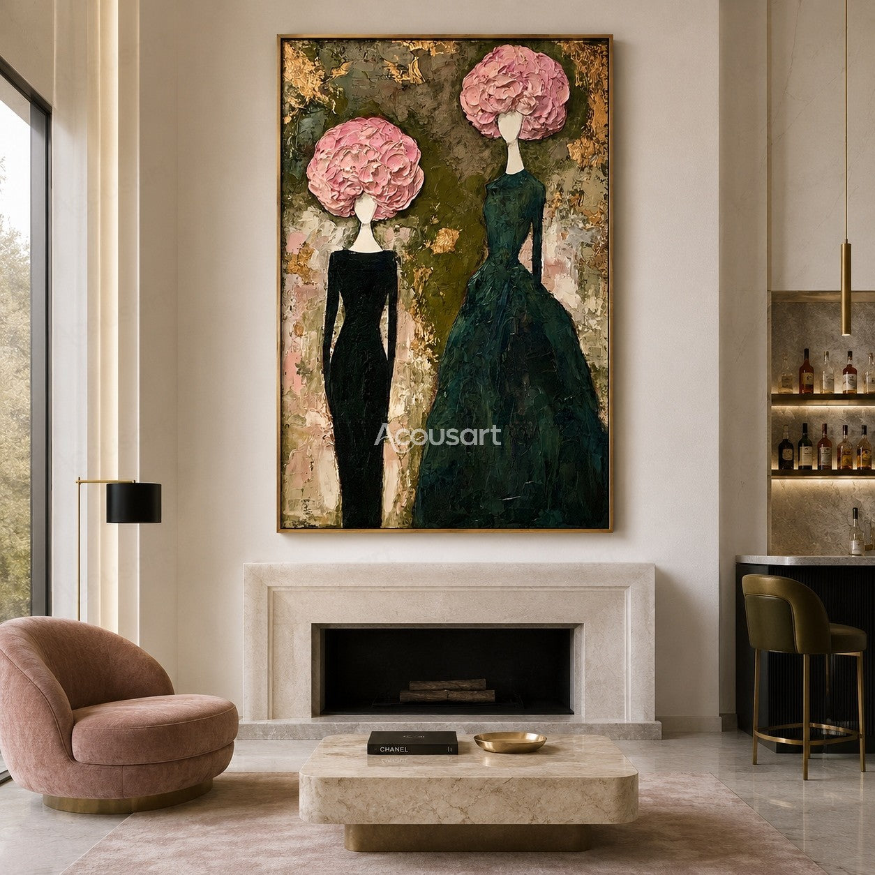 Fashion portrait wall art featuring two elegant women with pink floral hairstyles and textured dresses