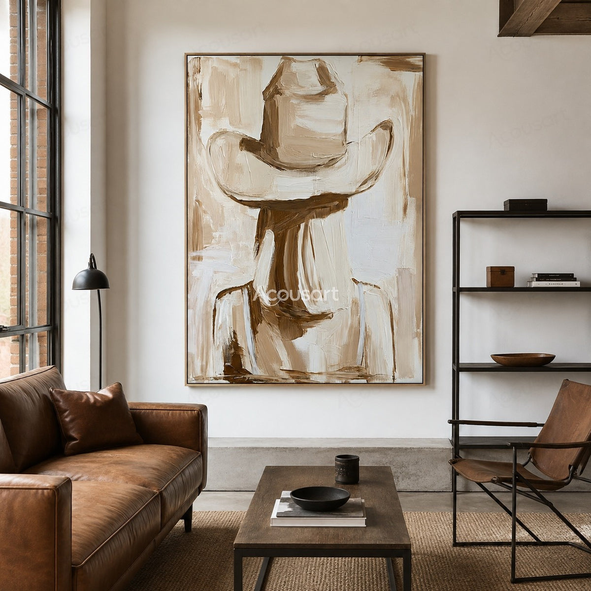 Textured cowboy hat wall art with neutral beige and brown tones in a rustic western style