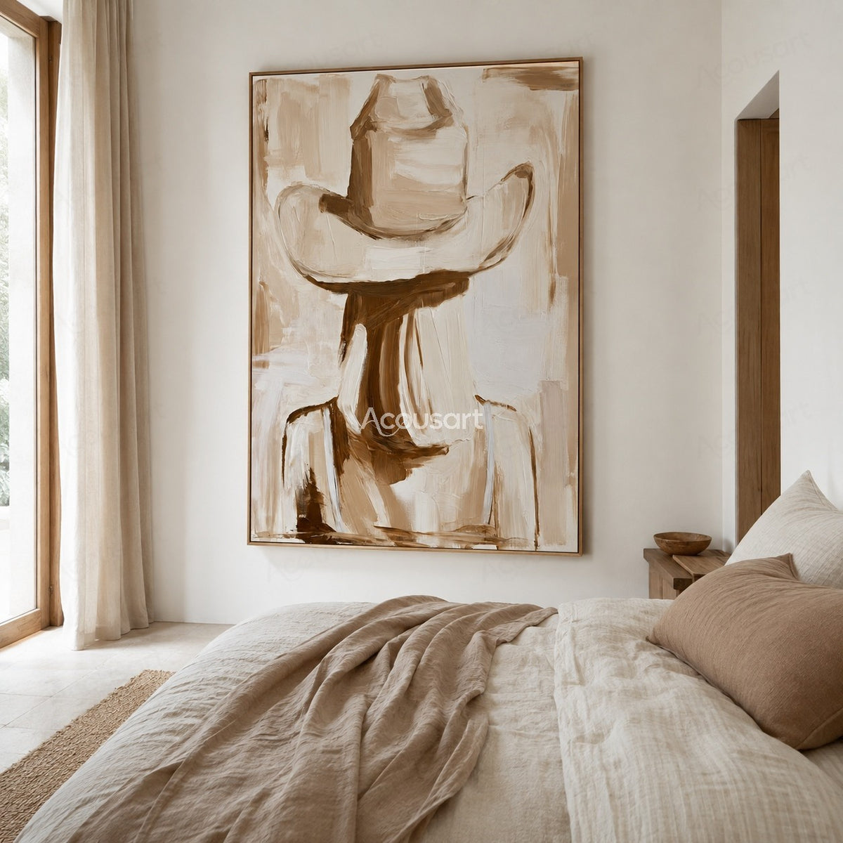 Textured cowboy hat wall art with neutral beige and brown tones in a rustic western style